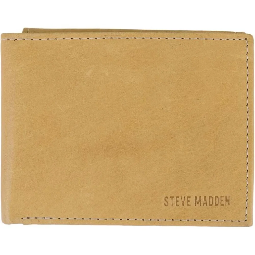 Men's Yellow Attached Flip Pockets Genuine Leather Wallet Card Extra Capacity